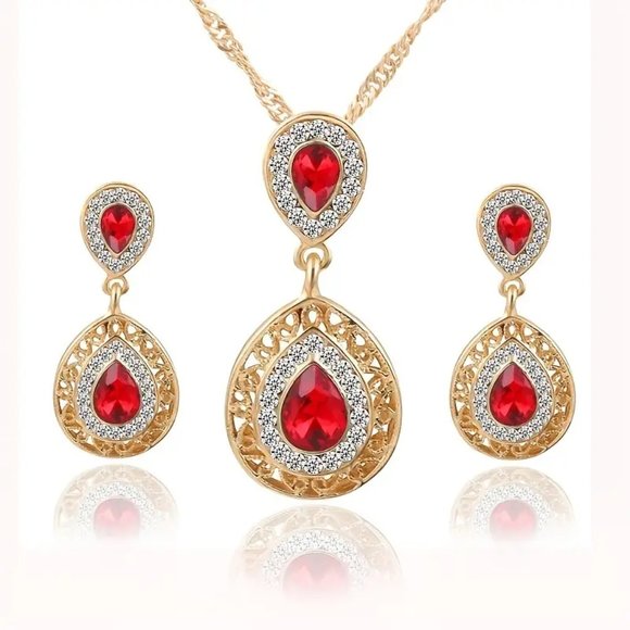 Red Vintage Water Drop Pendant Necklace and Dangle Earrings Jewelry Set - Picture 4 of 4